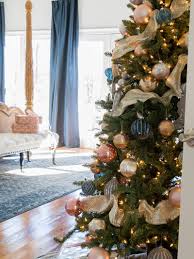 Canvas blue collection glitter and shiny ball ornaments will add a bold touch to any tree; Holiday Bedroom Using Navy And Blush Colors Duke Manor Farm Blue Christmas Decor Rose Gold Christmas Tree Rose Gold Christmas