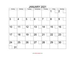 Click here to download high resolution image. Free Download Printable Calendar 2021 Large Box Grid Space For Notes