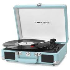 Blue Bluetooth Suitcase Record Player with Bass and Treble Control