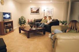 A Basement Finished Into A Comfortable Family Room Finishing Basement Vinyl Tile Flooring Basement Flooring Options