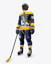 Presenting the most realistic hockey uniform photoshop template on the internet. Men S Full Ice Hockey Kit Mockup Half Side View In Apparel Mockups On Yellow Images Object Mockups Design Mockup Free Free Psd Design Clothing Mockup