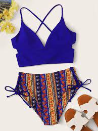 Lace Up Back Top With Tribal High Waist Bikini Shein Usa High Waisted Bikini Womens Swimsuits Bikini Swimsuits For Big Bust