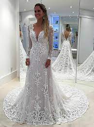 Perfect Lace Wedding Dresses With Long Sleeves Fashion Deep V Neck V Back Wedding Gowns Long Sleeve Wedding Dress Lace Cheap Wedding Dress Wedding Dresses