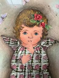 Vintage Colored Pencil Artwork With 32 Cent Pink Rose Stamps Angel by MR