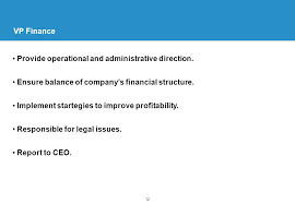 Vps of finance are responsible for managing the financial operations of a company and are involved in financial planning, budgeting, implementing accounting procedures and reporting to the ceo and the vice president of the company. Team 4 Job Description Senior Management June 2002 Director Peter Ikhumhen Manager Alejandra Padilla Lena Hoppe Schumacher Marko Sarstedt Ppt Download