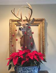 Christmas Deer Head With Gold Frame Bow Tie Ornaments Poinsettias And Blue And White Planter Deer Head Decor Deer Decor Christmas Deer