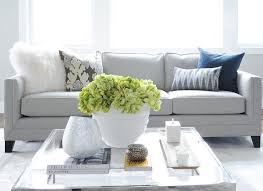 Gray Linen Sofa With Glass Top Coffee Table Transitional Living Room Green Sofa Gray Sofa Living Room Grey