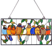 Birds On A Wire Stained Glass 12 5 H Stained Glass Birds On A Wire Framed Window Panel Stained Glass Birds Glass Birds Stained Glass Ornaments