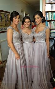 Silver V Neck Lace Sequins Beads Cap Sleeve Chiffon Long Bridesmaid Dresses Uk Bridesmade Dresses Lace Bridesmaid Dresses Long Bridesmaid Dresses