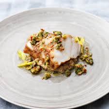 Tom Kerridge S Spiced Monkfish And Aubergine Puree With Green Olive Dressing Recipe Monkfish Recipes Recipes Main Course Recipes