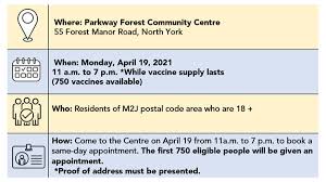 The community centre is unfortunately still not open due to construction delays outside the control of the city of toronto. North York General On Twitter We Are Holding A Vaccine Clinic Tomorrow April 19 At Parkway Forest Community Centre For Residents Of M2j 18 Come To The Centre Tomorrow From 11am To
