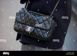 Woman With Black Leather Chanel Bag With Silver Chain Before N 21 Fashion Show Milan Fashion Week Street Style On January 16 2017 Stock Photo Alamy