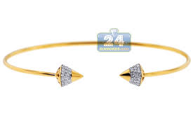 The yellow gold spike bracelet has a center spike with micro pave white round diamonds. Womens Diamond Spike Cuff Bangle Bracelet 14k Yellow Gold 6
