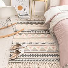 Carpet beside the bed is the best carpet for small bedroom. Modern Ethnic Style Linen Tassel Woven Rug Geometric Design Area Rug C House Boutique
