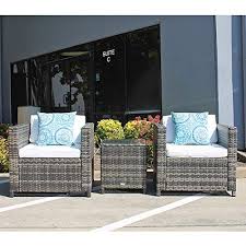 Patiorama Patio Furniture 3 Pieces Pe Rattan Grey Wicker Porch Furniture Chairs White Cush Outdoor Porch Furniture Porch Furniture Wicker Patio Furniture Sets