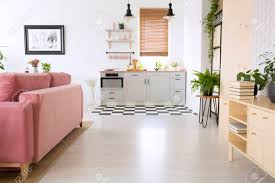 pink sofa in bright flat interior