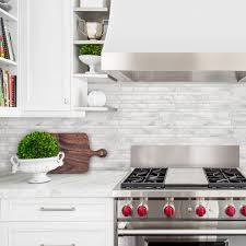 The marble backsplash adds ageless style and appeal to the cooking space. Smart Tiles Milano Massa Carrara Marble Peel And Stick Backsplash Sm1119g D Marie Interiors