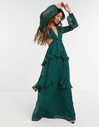 Trascina per visualizzare a 360 gradi. Asos Design Vestito Lungo A Maniche Lunghe E Finiture Con Cerchi Colore Verde Bosco Asos