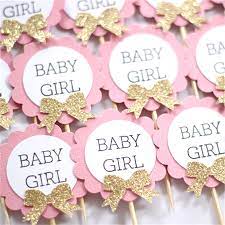12 Cupcake Toppers Baby Girl Baby Shower Pink White And Gold Glitter Bows Pink Baby Shower Baby Girl Shower Themes Pink Gold Baby Shower