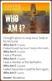 Covering everything from people to specific numbers, trivia answers are provided on a separate page and include the location in the bible where you can find the answer. Easter Bible Trivia Game Who Am I