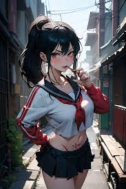 Anime girl in a short skirt smoking a cigarette on a street - SeaArt AI