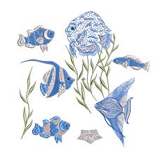 6 Sea Fish Nautical Chinoiserie Tropical Water Ocean Fish Machine  Embroidery Design Pattern Instant Download ZIP- Any Size