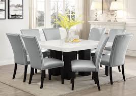 Discount dining room furniture near cost, at cost, or below cost. Camila Brown Square Marble Top Dining Set W 8 Chairs Silver Pu Ivan Smith Furniture