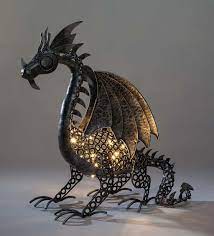 Led Lighted Steampunk Dragon In Garden Sculptures Steampunk Dragon Dragon Sculpture Welding Art