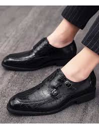 Black Croc Pattern Monk Strap Leather Slip On Dress Shoe In 2020 Slip On Dress Shoe Dress Shoes Men Leather Slip Ons