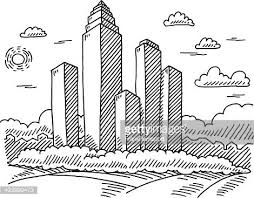 Hand Drawn Vector Drawing Of A Cityscape With Cartoon Skyscraper Cityscape Drawings Vector Drawing