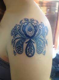 My New Lotus Flower Tattoo With Henna And Paisley And Dark Blue Ink To Symbolize Water By Taku At New Luck Blue Tattoo Blue Ink Tattoos Blue Flower Tattoos
