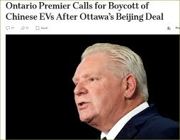 Toronto, ON premier boycotts chinese electric vehicles