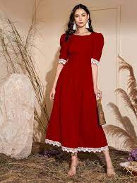 Lace Trim Puff Sleeve A Line Dress Ladies Blouse Designs Beautiful Dress Designs Simple Trendy Outfits