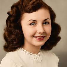 Can someone edit my grandma's photo to have dark brown hair and green eyes?