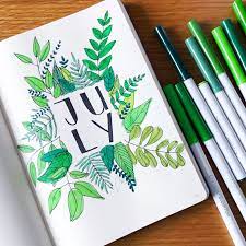 My 2018 July Bullet Journal Cover Green Leaves And Floral Doodles In My Bullet Journal Bulletjournal Bulletjournal Artbuki Idei Dlya Ezhednevnika Risovat