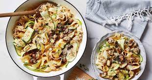 Healthier Creamy Zucchini And Mushroom Pappardelle Recipe Stuffed Mushrooms Zucchini Pasta Recipes Recipes
