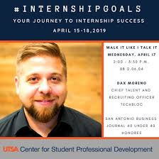 Internship week continues tomorrow with an incredible presentation from Dax  Moreno of @SATechBloc. Register at https://t.co/jaUAVFMYFb!  #Internshipgoals #UTSA #CSPDEffect #utsacspd #studentsuccess