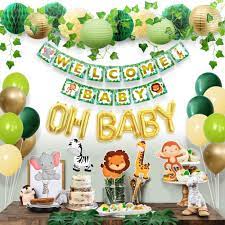 Watercolor safari i love the fresh and clean look of this safari baby shower. Amazon Com Sweet Baby Co Jungle Theme Safari Baby Shower Decorations With Banner Animal Centerpieces Tropical Leaves Greenery Garland Lantern Pom Poms Oh Baby Balloons Neutral Party Supplies For Boy Girl Toys