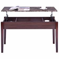 Table top lifts with a mechanical hinge to reveal a hidden storage compartment underneath. Black Faux Marble Lift Top Coffee Table