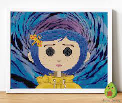 Coraline Jones Cross Stitch Pattern Button Eyes Modern Halloween Gothic Movie Horror Diy Decoration Embroidery Spooky Quirky Cross Stitch Cross Stitch Gallery Cross Stitch Patterns