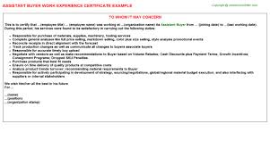 Assistant Buyer Experience Certificate