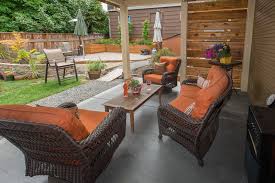To make an outdoor space feel as put together as living room, introduce an outdoor rug and elevated seating like this modern porch swing. Popular Outdoor Living Space Design Ideas Karen Linder Interior Design