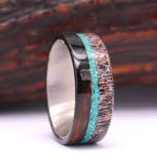 Silver Titanium Ring Ebony Wood Antler Crushed Turquoise Black Pearl Jewelry Mens Wedding Bands Mens Wedding Rings Unique