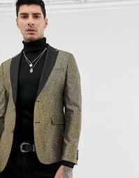 Black And Gold Blazer Mens Asos Design Skinny Blazer In Gold Glitter With Black Satin Lapel Skinny Fit Suits Mens Skinny Fit Suits Gold Tuxedo Jacket
