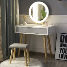 The 360° rotatable mirror allows you to easily adjust the required angle. Yourlite Dressing Table With Led Lights Mirror White Vanity Makeup Table Set With Adjustable Brightness Mirror Cushioned Stool And Free Make Up Organizer White Grey Buy Online In Belize At Belize Desertcart Com Productid