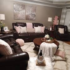 Neutral Living Room With A Pop Of Pink Brown Leather Furniture Brown Living Room Decor Pink Living Room Decor Brown Furniture Living Room