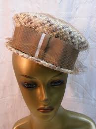 Vintage Woven Pill Box Hat With Wide Grosgrain Ribbon and Netting