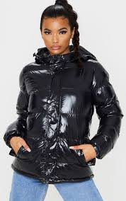 Black High Shine Hooded Puffer Coat Prettylittlething Il