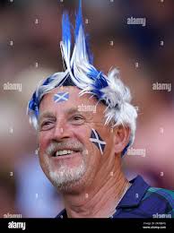 A Scotland fan with face paint ahead of the Rugby World Cup 2023, Pool B  match at the Stade de Nice, France. Picture date: Sunday September 24, 2023  Stock Photo