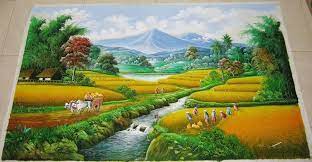 Lukisan Pemandangan Gunung Yang Indah Jual Lukisan Pemandangan Panen Padi Yang Sangat Indah Ukuran 135 X Lukisan P Pemandangan Pemandangan Yang Indah Lukisan